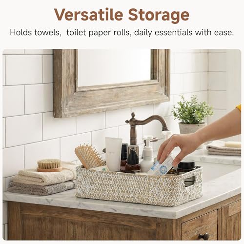 StorageWorks Wicker Toilet Paper Basket for Back of Toilet Baskets, Seagrass Bathroom Basket Organizer and Storage for Tank Topper, Small Tank Trays for Decor with Built-in Handles, Wipe White - color: Wipe White (Seagrass)