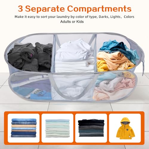 Durable Collapsible Foldable Pop Up Laundry Hamper, Sturdy 3 Compartments, Handy Pocket & Easy to Sort Clothes Hampers for Dorm, Kids Room, Travel - Grey - color: Gray, size: 3 Compartments