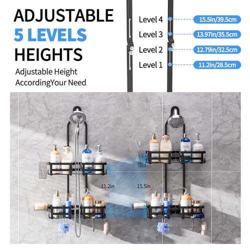 GAOKASE Aluminum Shower Caddy Hanging, Never Rust Shower Organizer- 4 Levels with adjustable Height 10 Hooks for Razor/Sponge - Rack with Soap Basket (Black-1) - color: Black-1