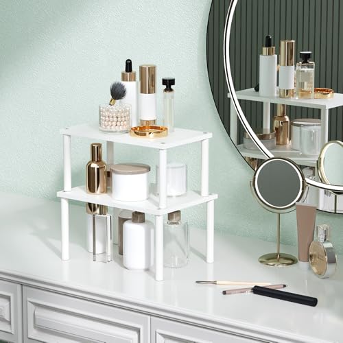 VERTORGAN Cabinet Organizer Shelf(Set of 2),Kitchen Counter Shelves,Bamboo Spice Rack Countertop and Cabinet,Stackable Expandable,Medium,(White) - color: White, size: 11.8"W