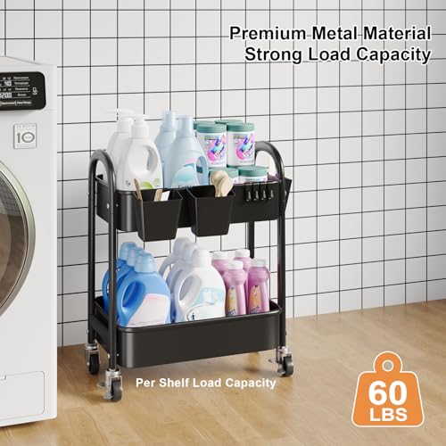 2 Tier Rolling Cart Metal on Wheels, Two Tiered Short Storage Side Table with Wheels, Heavy Duty Under Desk Mobile Trolley, Small Utility Organizer Carts for Craft, Art, Office, Kitchen, Black Basket - color: Matte Black, size: 2 tier