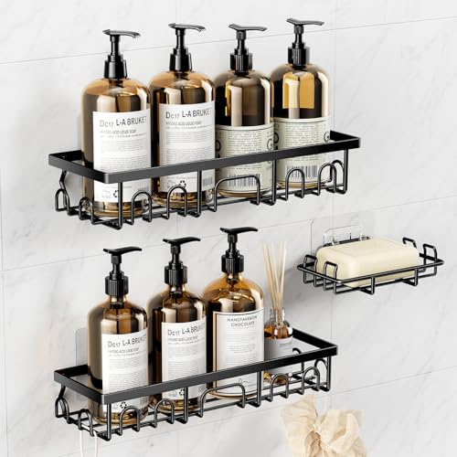Shower Caddy, 3 Pack Shower Shelves, Rustproof Adhesive Bathroom Organizer with Soap Holder, No Drilling Washroom Organizers and Storage for Bathtub Room/Kitchen/Home, Matte black - color: Matte black, size: 3-Pack