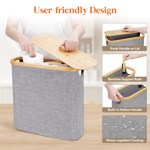 Lifewit Toilet Paper Storage Holder for 12 to 16 Rolls, Free Standing Toilet Paper Basket Stand with Bamboo Lid, Collapsible Fabric Bathroom Organizer Box for Mega Rolls, 30L, Extra Large, Light Gray - color: Gray, size: 30L
