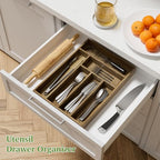 Kiasthome Acacia Wood Silverware Drawer Organizer, Kitchen Utensil Cutlery Drawer Organizer with Dividers, Flatware Organizer, Silverware Tray Holder for Spoons, Forks, 11.8''x16.5'' (6 Slots) - size: 6 Slots
