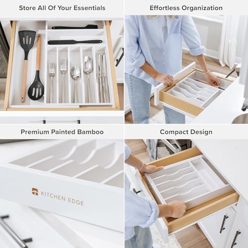 KitchenEdge Premium Silverware, Flatware and Utensil Organizer for Kitchen Drawers, Food-Safe Contract Grade, Expandable from 10.5 to 19 In, White Bamboo - color: White Bamboo, size: From 10.5" to 19" wide