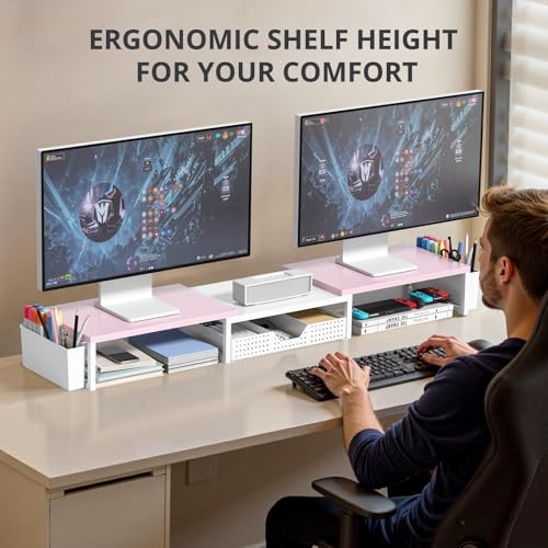 OPNICE Desk Organizers and Accessories, Dual Monitor Stand Riser with Drawer and 2 Pen Holders, Desk Shelf Wood Computer Racks for Office Workspace Organizers, Desktop Organization (Pink-White Wood) - color: Pink-White Wood, size: With drawer and pen hold