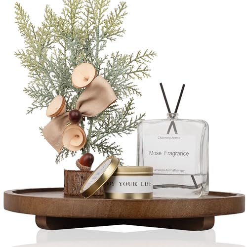 Round Decorative Tray Wood Bathroom Counter Organizer Farmhouse Kitchen Decor Wooden Riser for Soap Dish, Perfume, Candle, Sponge, 12" - Walnut - color: Walnut, size: 12"