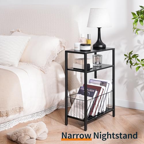Yoobure Narrow Side Table with Storage Basket, Small End Table for Small Spaces, Skinny Side Tables Living Room Bedroom Office, Slim Nightstand 3 Tier Bedside Table Space-Saving for Magazine, Black - color: Black