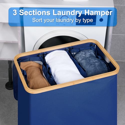 efluky Laundry Hamper with Lid, Trio Laundry Hamper with 3 Removable Bags, 3 Section Laundry Basket with Bamboo Handles for Bathroom, Bedroom & Laundry Room, 160L Blue - color: Blue, size: 160L Trio