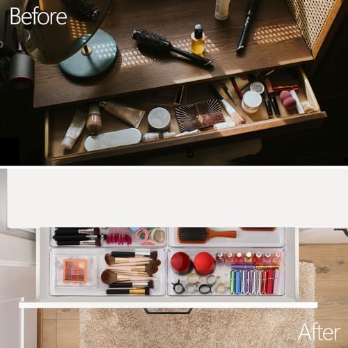 Ohlove 6 Pcs Large Clear Plastic Drawer Organizers Tray 15" x 6.3" Storage Bins with 25 Pcs Non-Slip Pads for Makeup, Jewelries, Kitchen Utensils, Bathroom and Office - size: 15"x6"