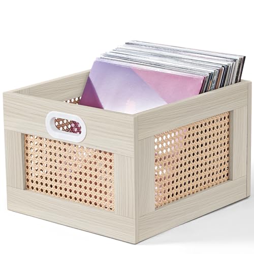LELELINKY Vinyl Record Storage Crate, Rattan Vinyl Record Holder with Handle, Wood Record Crate for Vinyls Holder up to 75 LP's, Desktop Cube Album Storage for Vinyls Records(Grey White) - color: Grey White, size: 1 Pack