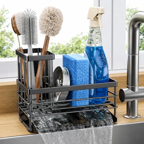 Cisily Sink Caddy Sponge Holder for Kitchen with Brush Holder and Stainless Steel Self Drain Tray, Rustproof Kitchen Sink Organizer for Sponge, Soap Dispenser Storage Accessories (Black) - color: Black
