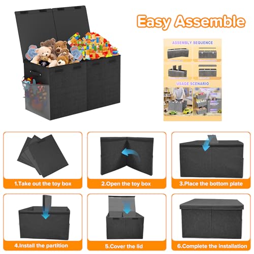 Large Toy Box Chest, Collapsible Sturdy Toy Storage Organizer Boxes Bins Baskets Dinosaur Kids Toy Chest Bin with Lids for Boys Girls Living Room Playroom Bedroom Nursery 25"x14"x16" Black - color: Black－2