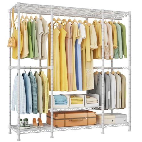 Ulif E3 Heavy Duty Garment Rack, 4 Tiers Freestanding Closet Organizer System with 5 Shelves, Metal Closet Organizer and Storage System for Clothes, Max Load 850lbs, 58.4"W x 15.7"D x 77.3"H, White - color: White
