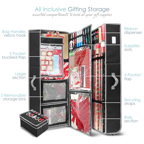 Hearth & Harbor Holiday Storage with Extra 2 PC of Christmas Storage Bins and Ribbon Storage Organizer - Fade Resistant Wrapping Paper Storage Containers with Wheels Fits Up to 30 Rolls of 40" Length - color: Black, size: Extra Large