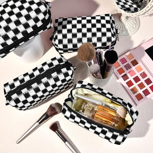 SOIDRAM Checkered Makeup Bag Preppy Cosmetic Bag Bulk Black Makeup Pouch Personalize Travel Toiletry Bag Organizer Cute DIY Makeup Brushes Storage Bag for Women - color: Black, size: 6 Pack