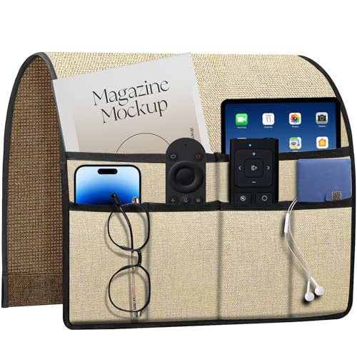 Remote Holder for Recliner Armchair & Couch, Non Slip Sofa Armrest Organizer Caddy with 6 Pockets Thick Linen Fabric Storage for Tablet, Phone, iPad, Magazine, 19x35 Inches, Natural - color: Natural