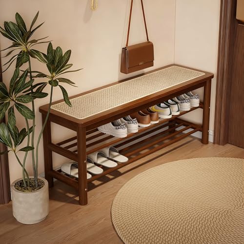 Bamboo Entryway Bench with Woven Rattan Seat, 2-Tier Shoe Storage Bench for Hallway & Entryway 39.4 inches Walnut - color: Walnut, size: 39.4 inch