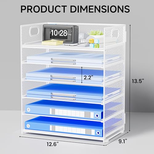 Paper Organizer for Desk with Handle, 6-Tier Metal Mesh File Organizer | Stackable Letter Tray for Office Documents & Stationery Storage - color: White, size: 12.6" x 9.1" x 13.5"