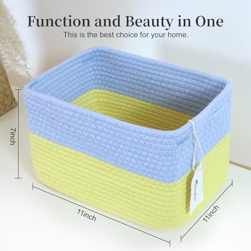 Hopegiver 3 Pack Rainbow Woven Storage Baskets for Shelves, 11x8x7 Inch Cotton Rope Decorative Organizer Bins for Blanket Clothes Book Baby Pet, Colorful Toy Basket for Kids Room, Playroom, Nursery - color: Blue Yellow, size: 11"x8"x7",3-Pack