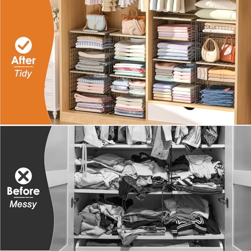 4-Tier Widened Closet Organizers and Storage, Extra Long Stackable Closet Shelf Organizer with Adjustable Dividers and Wood Top, Large Closet Storage Basket for Clothes, Jeans, Wardrobe Organization