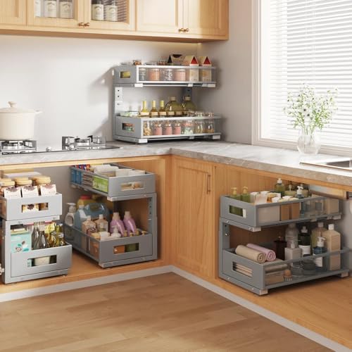 2 Packs 17IN Depth Under Sink Organizer, 2-Tier Pull Out Cabinet Organizer With Smooth Circular Rail, Large Capacity Metal Mesh Sliding Drawers For Bathroom& Kitchen Storage,Height Adjustable–Gun Gray - color: Gun Gray, size: 2 Pack-17"Dx11.6"-16.7" H