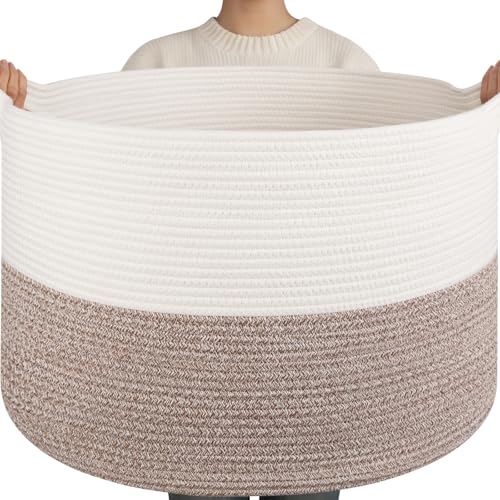 OIAHOMY 115L Extra Large Blanket Basket, 23.6" x 15.4" Woven Cotton Rope Laundry Basket for Organizing Pillows, Decorative Stuffed Animal Toy Storage Bin for Nursery, White and Linen Brown - color: White and Linen Brown, size: 23.6"D x 15.4"H