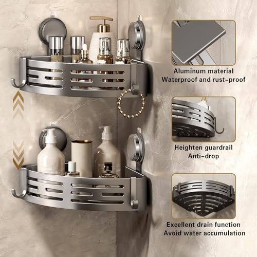 VOLPONE Shower Caddy Corner Suction Cup Shelf Corner No Drilling Bathroom Shower Organizer Storage Rack Adhesive (3-Pack, gray) - style: Without Towel Bar Suction Cup Triangle 3 Tier Gray