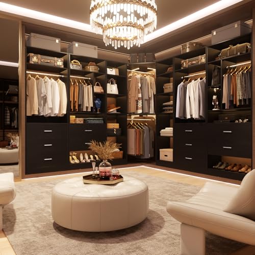 Besiost Corner Closet System with 12 Shelves, 39.2" Corner Closet Organizer System with 2 Hanging Rods, Versatile 6-Tier Walk-in Closets for Corner Space, Black (39.2" L x 39.2" W x 80" H) - color: Black, size: 39.2" - Without Lights