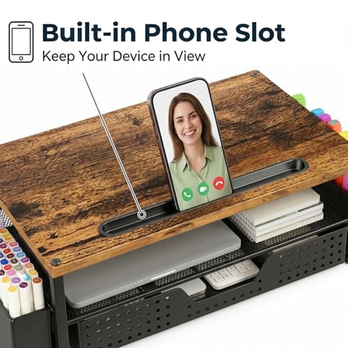 Desk Organizer and Accessories, 2-Tier Computer Monitor Stand Rise with Phone Holder, Drawer & 2 Pen Holders, Laptop & Printer Stand for Desktop, Workspace Organizers for Office Supplies (Brown Wood) - color: Brown Wood