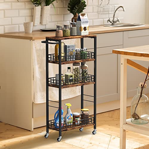 Slim Storage Cart Rolling Kitchen Cart with Wheels Narrow Laundry Storage Utility Cart 4 Tier Bathroom Mobile Shelving Unit Organizer with Wood Tabletop Trolly Cart with Handle for Small Spaces, Brown - color: Brown