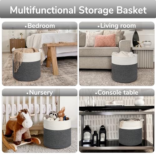 Goodpick Baby Storage Basket, Cotton Rope Laundry Basket for Blankets, Clothes 15 x 14.2 Inches, Nursery Woven Storage Organizing for Toys, Grey - color: Dark Gray, size: 15 × 14.2 inches