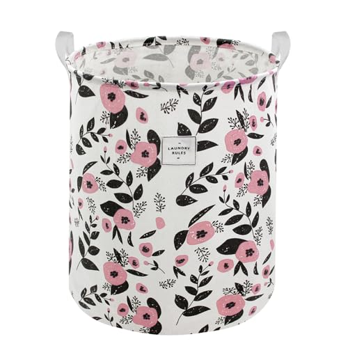 Mziart Cute Laundry Basket, Large Floral Laundry Hamper for Girls Kids Toys Collapsible Clothes Organizer Waterproof Foldable Baby Hamper for Nursery Dorm Fabric Storage Basket Bin with Handles (Pink) - color: Pink