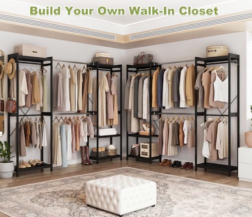 Homykic Bamboo Closet System, 71"-91" Expandable Clothing Rack with 5 Hanger Rods & Shelves, 6.6ft Tall Garment Rack Organizer for Walk-in Closet Bedroom, Max Load 850LBS, Easy to Assemble, Black - color: Black, size: 91"Wx14.2"Dx79"H