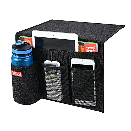Zafit Linen 4 Pockets Bedside Caddy, Bedside Storage Organizer with Water Bottle Holder for Magazine, Remotes, Phone (Black) - color: Black, size: 4 Pockets