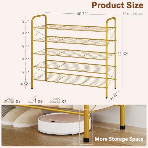 Hoctieon 5 Tier Shoe Rack for Closet, Durable Mesh Style Shoe Rack, Entryway Shoe Shelf, Shoe Storage Organizer for Hallway, Bedroom, Living Room, Wardrobe, Gold - color: Gold, size: 5 Tier