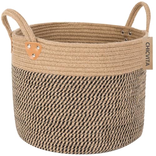 CHICVITA Wicker Laundry Basket With Handles, Storage Baskets for Decor, Rope Basket for Blankets, Toys, Clothes, Shoes, Plant Basket for Living Room, 14" X 14" X 12" - color: Black, size: 14"W x 12"H