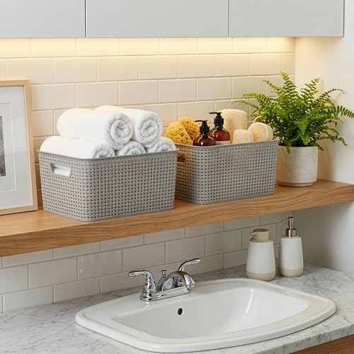 BINO | Plastic Storage Baskets, 13.5 Liter - 3 Pack, Natural Grey | THE WOVEN COLLECTION | Storage Basket for Shelves | Woven Storage Baskets for Organizing Bins Pantry Shelf Organizer | Container Bin - color: Natural Grey, size: 13.5L | 3-Pack