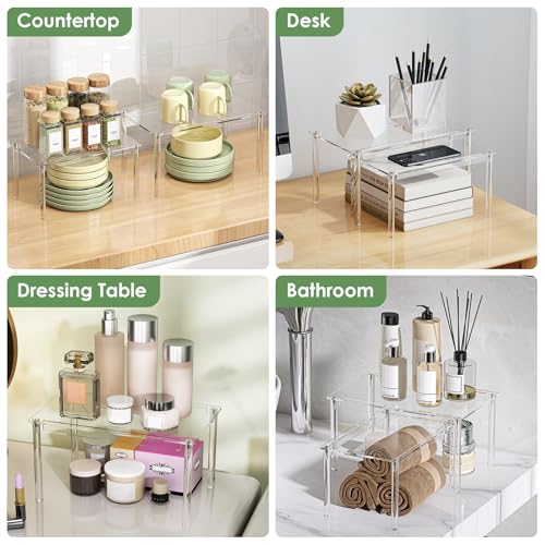 Delamu Clear Kitchen Cabinet Organizer, Set of 2 Acrylic Shelf Organizer for Cupboard Organizers and Storage, Stackable Cabinet Shelf for Plate, Dish, Bowl, Cup & Mug, 11.7" W x 7.7" D x 6.3" H - size: Set of 2