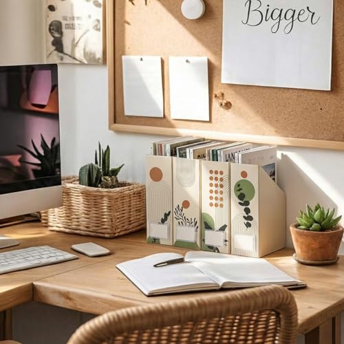AmazingSpark Set of 4 Boho Plant Magazine Holder Decorative Foldable Magazine Storage Boxes with Acrylic Label Holders Coquettish Boho Organizer for Office Home Organization Storage - style: Boho Plant