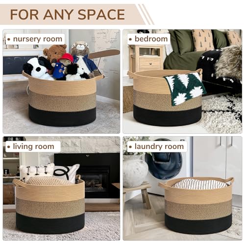 INDRESSME XXXLarge Cotton Rope Basket 21.7" x 21.7" x 13.8" Woven Baby laundry Blanket Basket for Living Room Decor, Toy Storage Baskets for Kids Boys Girls, Camel Mix & Black - color: Camel Mix & Black, size: 21.7"D x 13.8"H