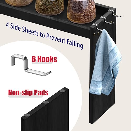 IIIOIIIA Bamboo Over the Stove Spice Shelf for Kitchen, 31.5" Spice Rack Organizer Shelf with 6 hooks, 11.4" Height Extra Storage Countertop, Easy to Assemble, Black - color: Bamboo Black