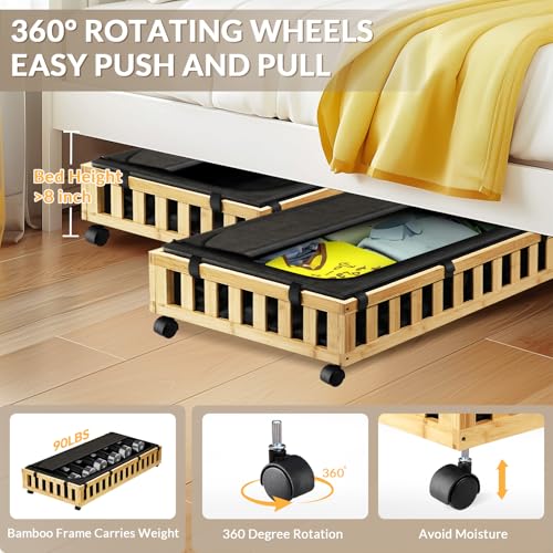 Gashell 2 Pack Bamboo Under Bed Storage with Wheels, 39”x20”x7.8” Lager Under Bed Storage Containers (Natural) - color: Natural