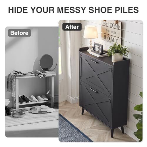 Barnyatoh Shoe Storage Cabinet, Farmhouse Shoe Organizer with 2 Flip Drawers & Barn Door Design, Freestanding Hidden Slim Narrow Shoe Rack Cabinet for Entryway, Foyer, Hallway, Black - color: Black, size: 2-Drawers