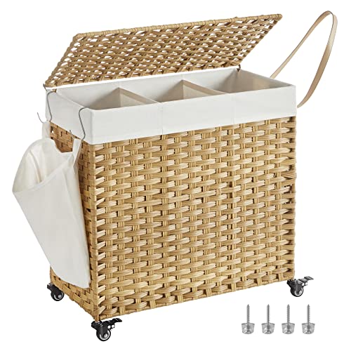 SONGMICS Laundry Hamper with Lid, 37 Gallons (140 L), Rolling Laundry Basket with Wheels, 3-Section Synthetic Rattan, Removable Liner, Bedroom, 26 x 13 x 26 Inches, Natural ULCB363N01 - color: Natural, size: 140 L