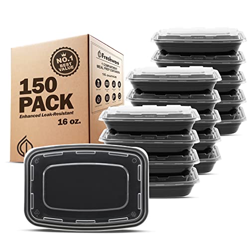 Freshware Meal Prep Containers [150 Pack] 1 Compartment with Lids, Food Storage Containers, Bento Box, BPA Free, Stackable, Microwave/Dishwasher/Freezer Safe (16 oz),Black - size: 16OZ-150PK