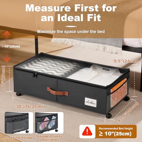 Under Bed Storage Containers with Wheels 9.5 inches Higher Under Bed Storage XXXL Underbed Shoes Blankets Clothes Storage Organizer 2 Pack Under the Bed Storage for College Dorms Bedroom Nursery Rooms - color: Black
