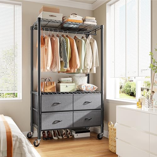 Raybee Clothes Rack Heavy Duty Clothing Rack with Rolling Wheels & 4 Drawers, Clothing Racks for Hanging Clothes with Drawers, Black - color: Black, style: Clothes Rack with Wheels