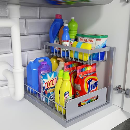 REALINN Under Sink Organizer, Pull Out Cabinet Organizer 2 Tier Slide Out Sink Shelf Cabinet Storage Shelves, Storage for Kitchen Bathroom, Grey, 1 Pack - color: Grey, size: 1 Pack