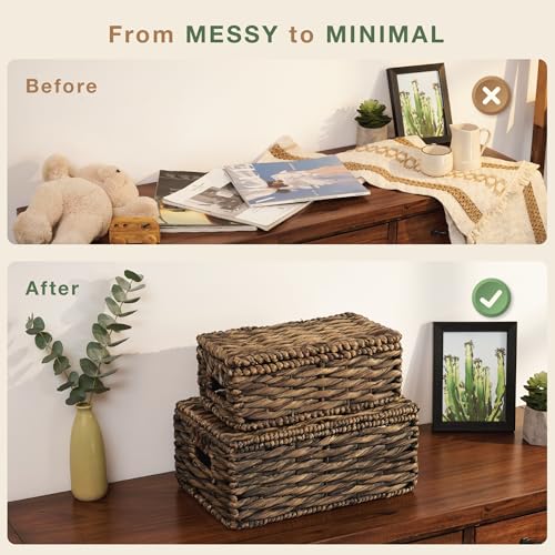 Set of 2 Black Wicker Baskets with Lid - color: Black